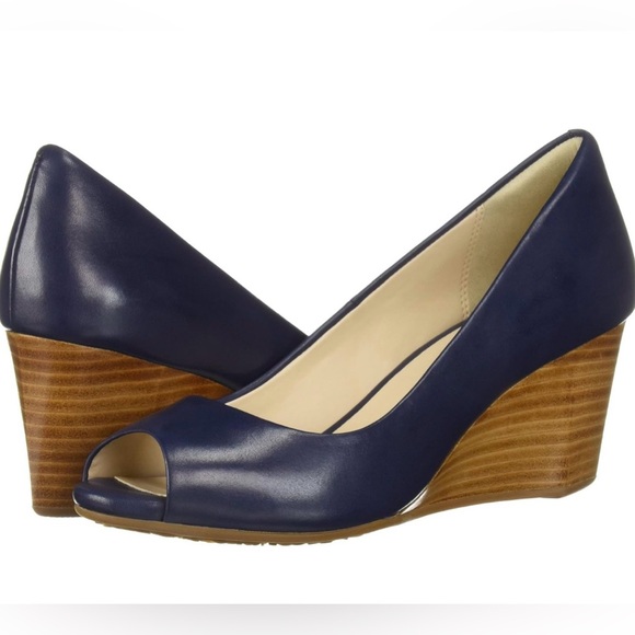 Cole Haan Shoes - COLE HAAN NEW in BOX Sadie Marine Blue Leather Open Toe Wedge 2.5” Sz 10.5 $189